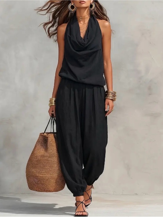 Pants - Women’s 2 piece Black Halter linen Jumpsuit.